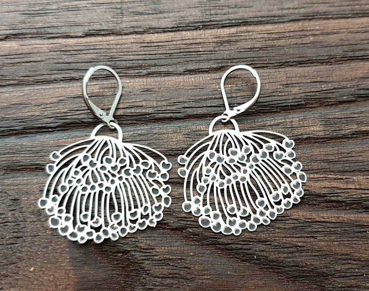 Blossom Flower Dangle Earrings, Large Blossom Design Earrings, Stainless Steel Hook Earrings