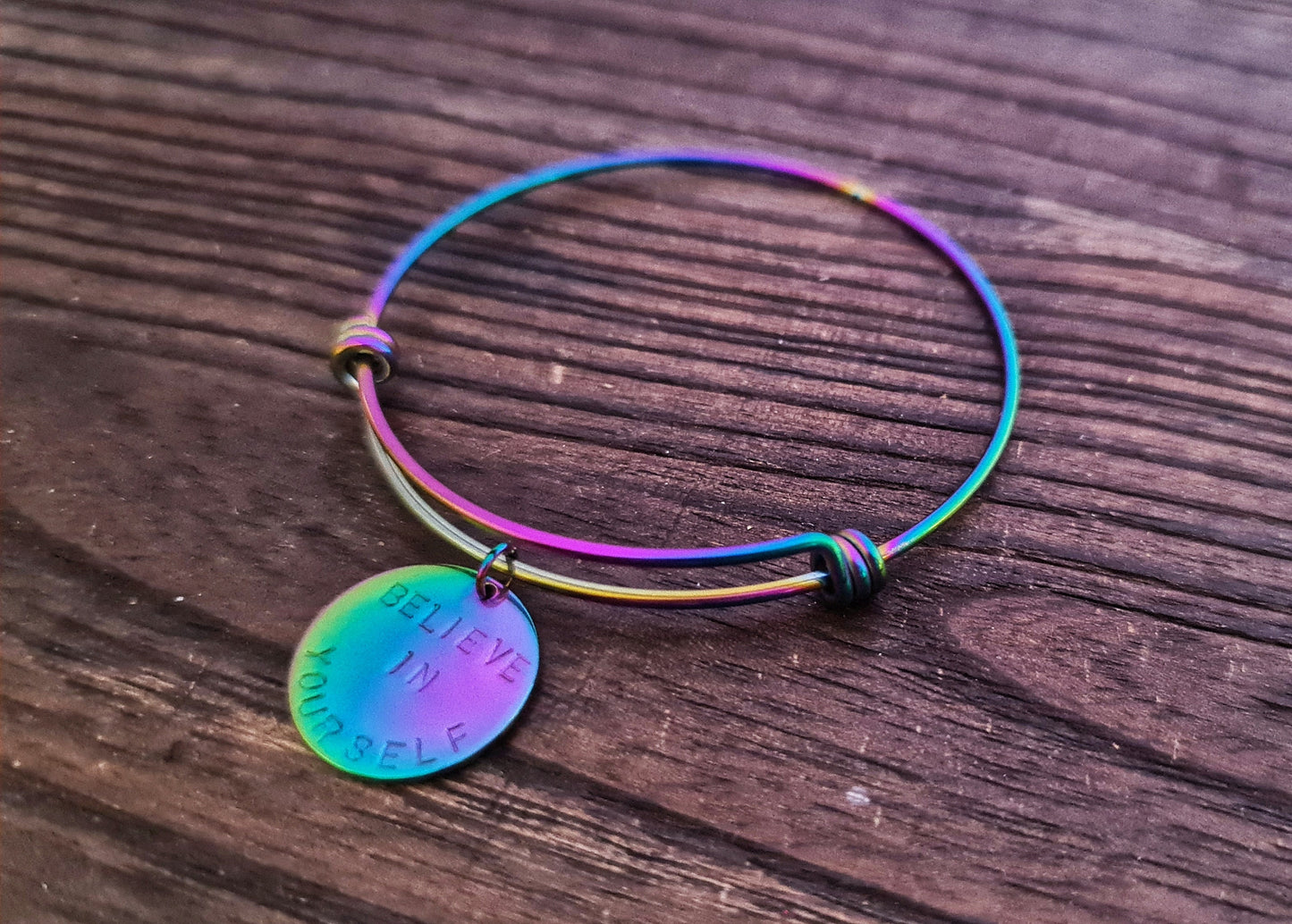 Personalised Name Charm Bangle, Rainbow Adjustable Bangle Stainless Steel, Hand Stamped Bangle with Circle Disc, Stainless Steel Anodized