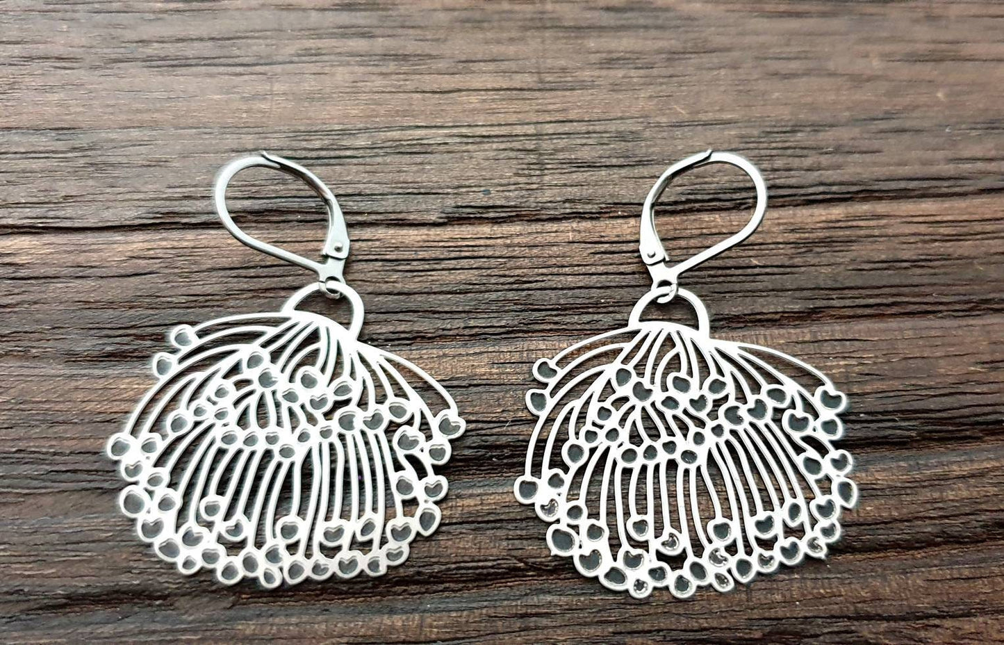 Blossom Flower Dangle Earrings, Large Blossom Design Earrings, Stainless Steel Hook Earrings