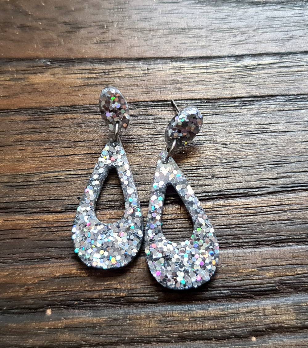 Teardrop Dangle Earrings, Silver Holographic Glitter Earrings, Resin Dangle Earrings, Stainless Steel Earrings, Statement Earrings