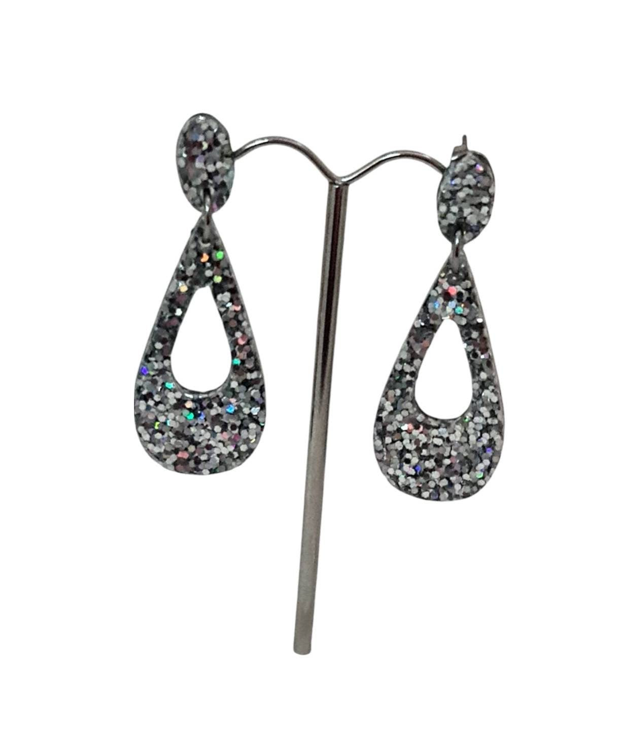 Teardrop Dangle Earrings, Silver Holographic Glitter Earrings, Resin Dangle Earrings, Stainless Steel Earrings, Statement Earrings