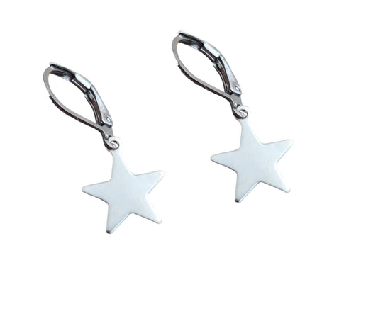 Star Leverback Earrings, Stainless Steel Dangle Leverback or Hook Earrings.