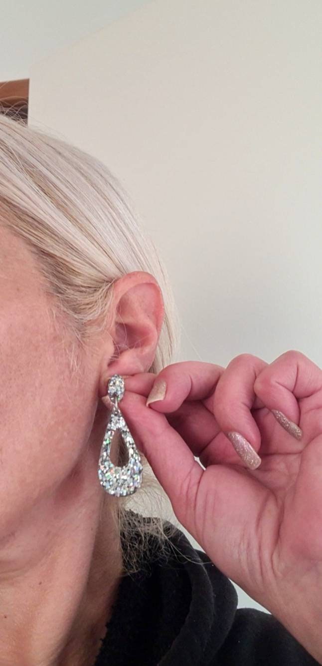 Teardrop Dangle Earrings, Silver Holographic Glitter Earrings, Resin Dangle Earrings, Stainless Steel Earrings, Statement Earrings