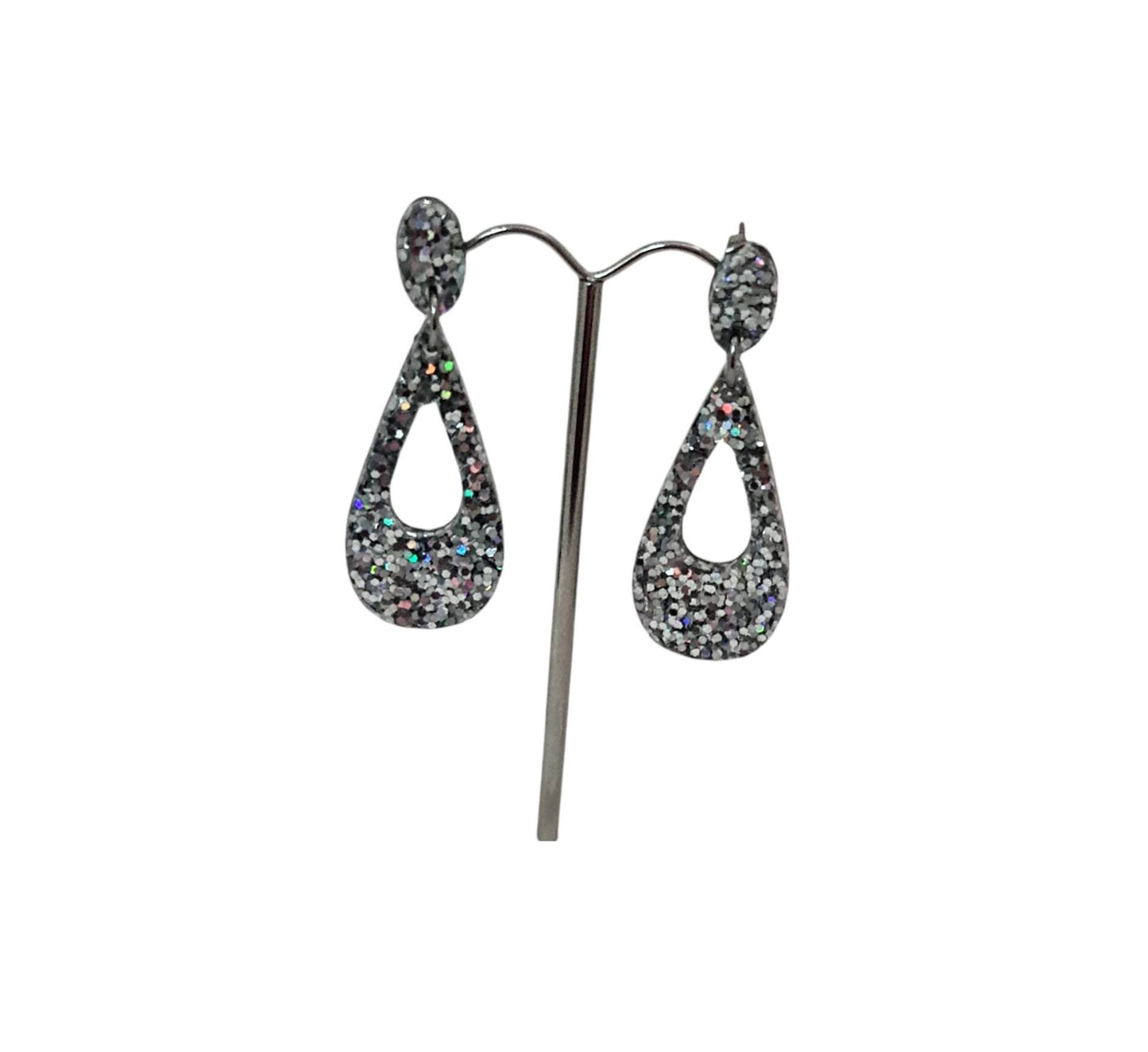 Teardrop Dangle Earrings, Silver Holographic Glitter Earrings, Resin Dangle Earrings, Stainless Steel Earrings, Statement Earrings