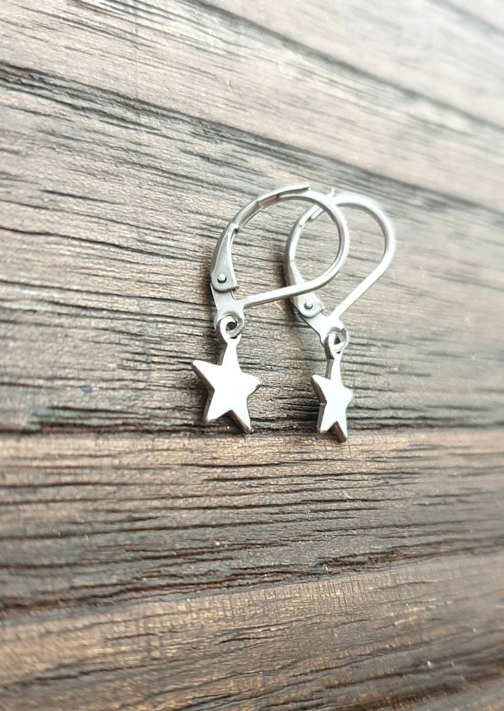 Star Leverback Earrings, Stainless Steel Dangle Leverback or Hook Earrings.