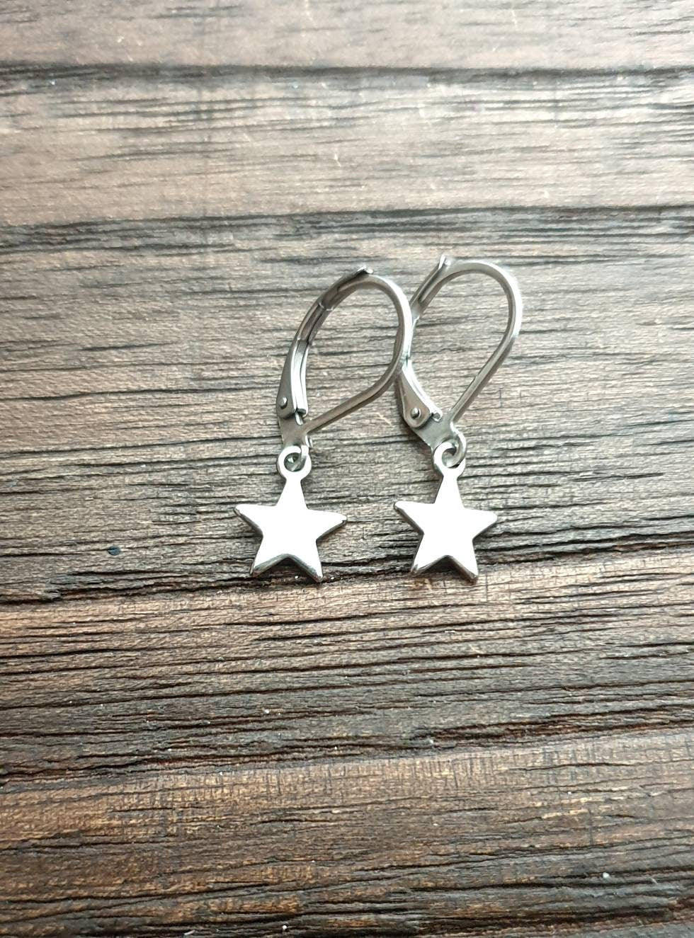 Star Leverback Earrings, Stainless Steel Dangle Leverback or Hook Earrings.