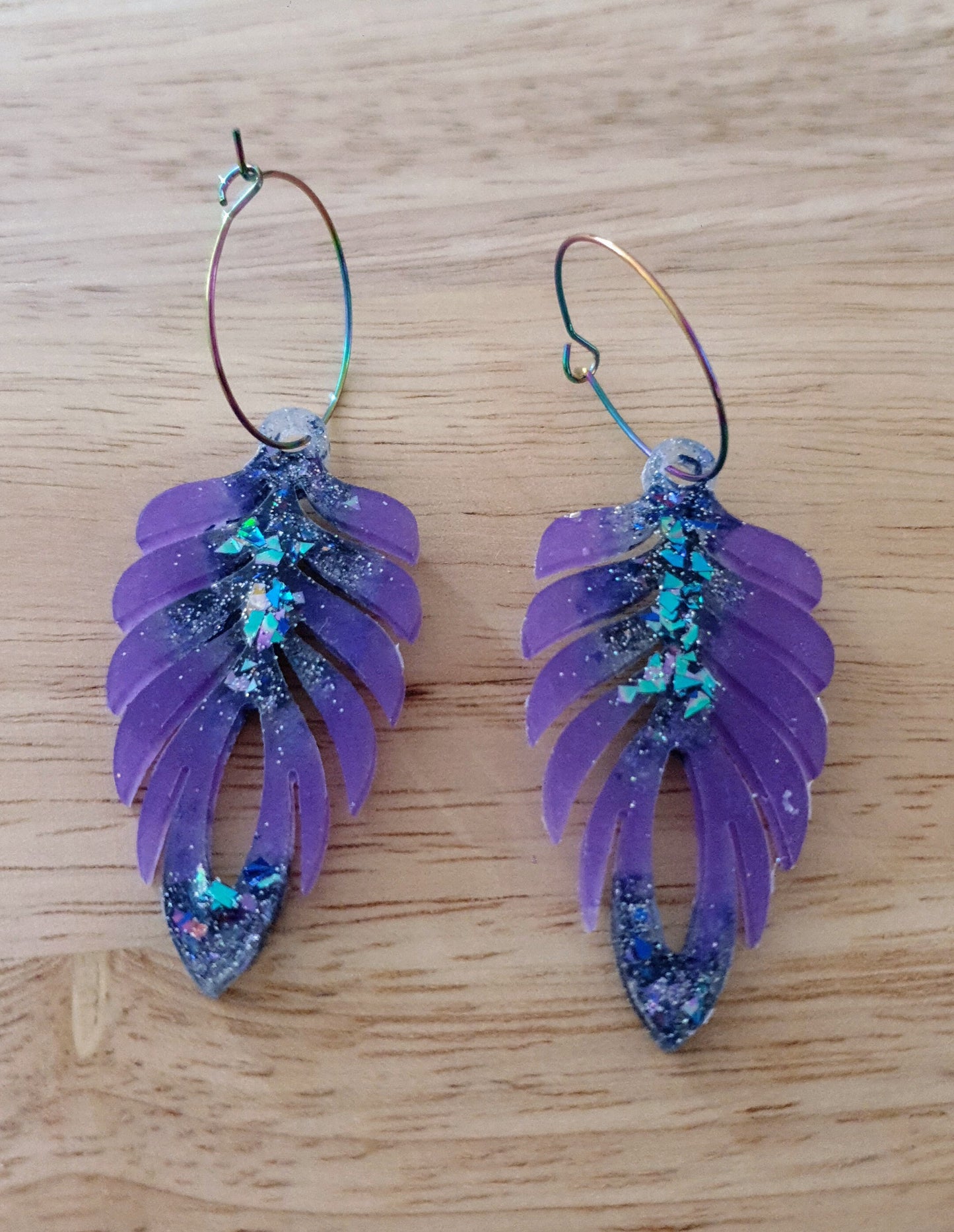 Purple Blue Long Feather Dangle Hoop Earrings, Multicoloured Glitter Resin Dangles, Statement Earrings