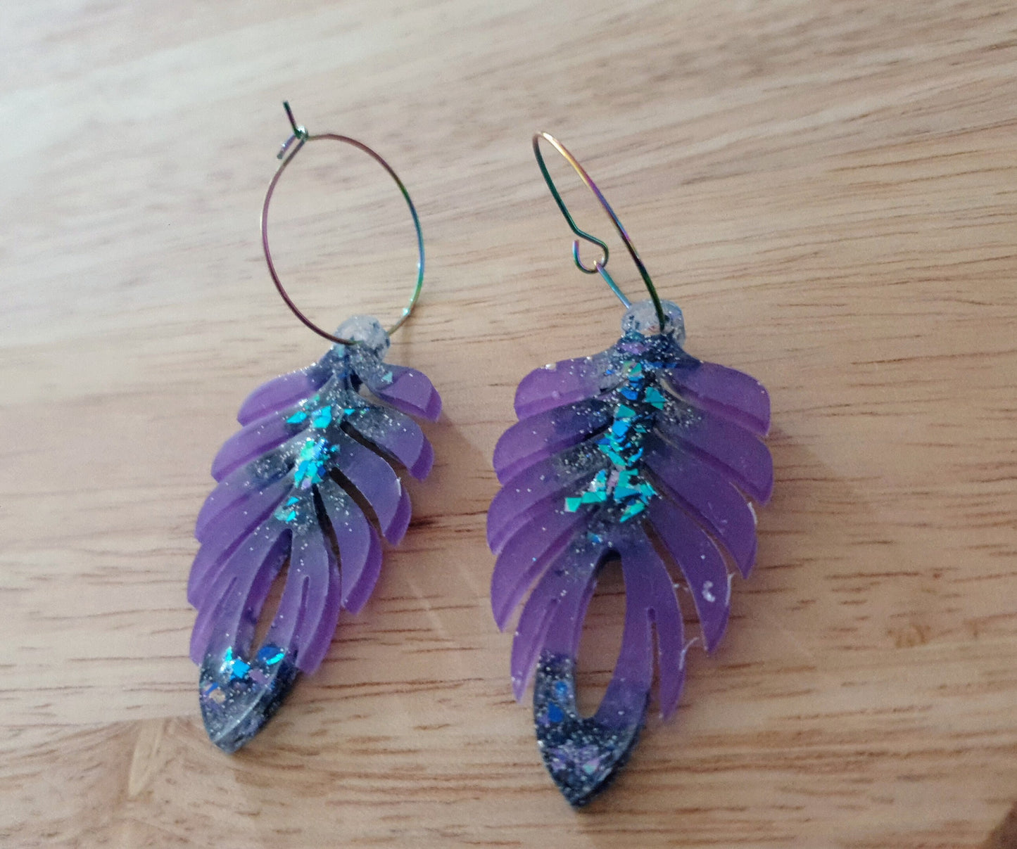 Purple Blue Long Feather Dangle Hoop Earrings, Multicoloured Glitter Resin Dangles, Statement Earrings