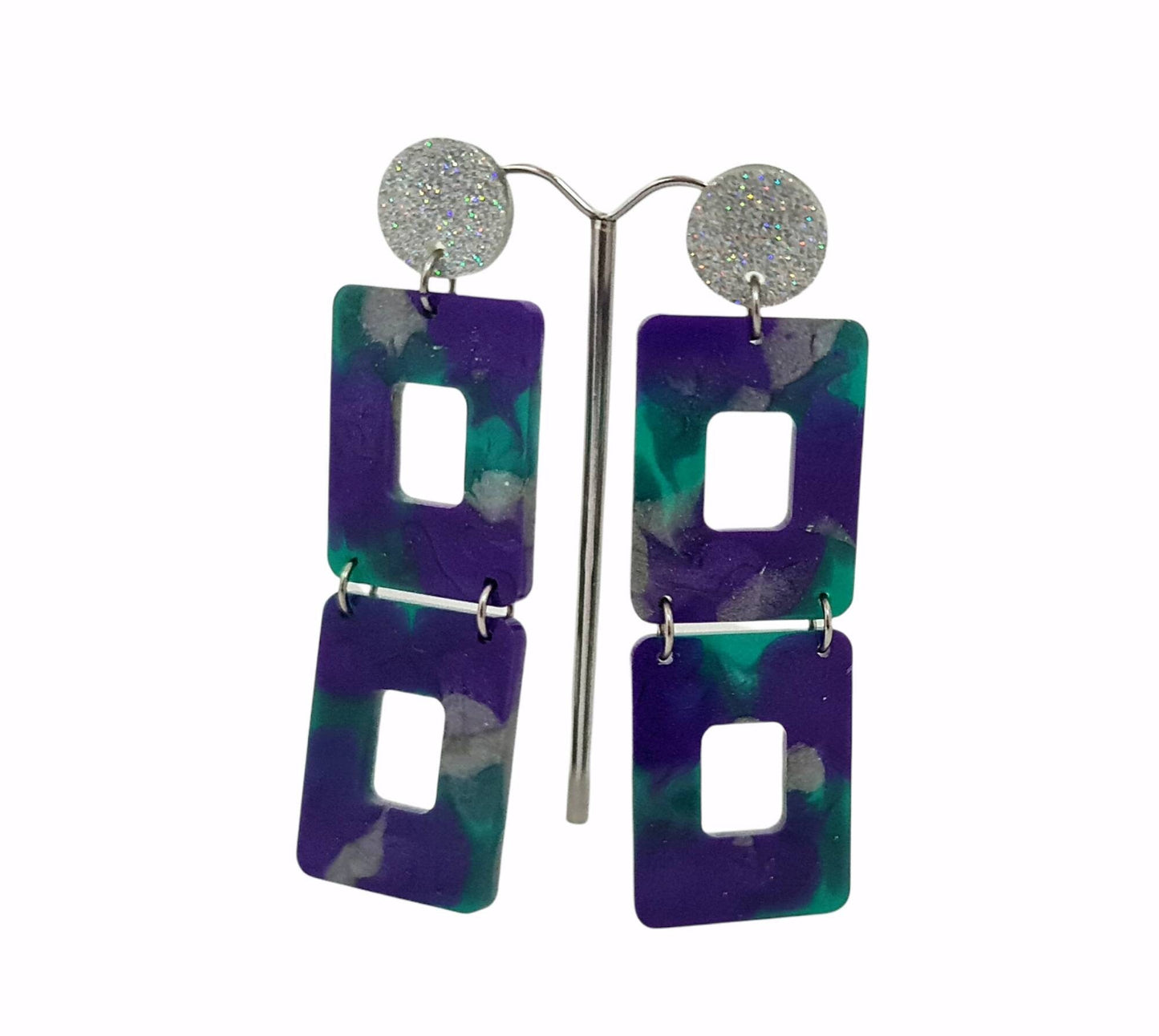 Long Square Statement Glitter Earrings, Long Resin Dangles, Holographic Silver Glitter with Purple, Teal Silver Colour Earrings