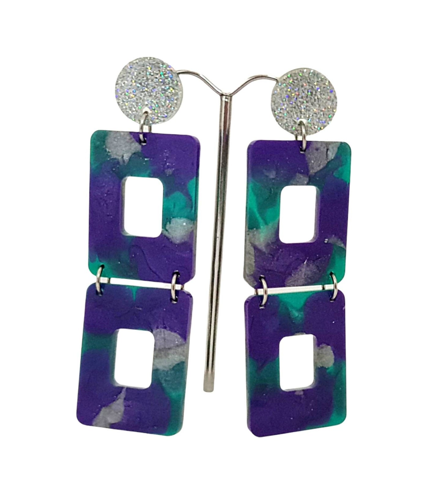 Long Square Statement Glitter Earrings, Long Resin Dangles, Holographic Silver Glitter with Purple, Teal Silver Colour Earrings