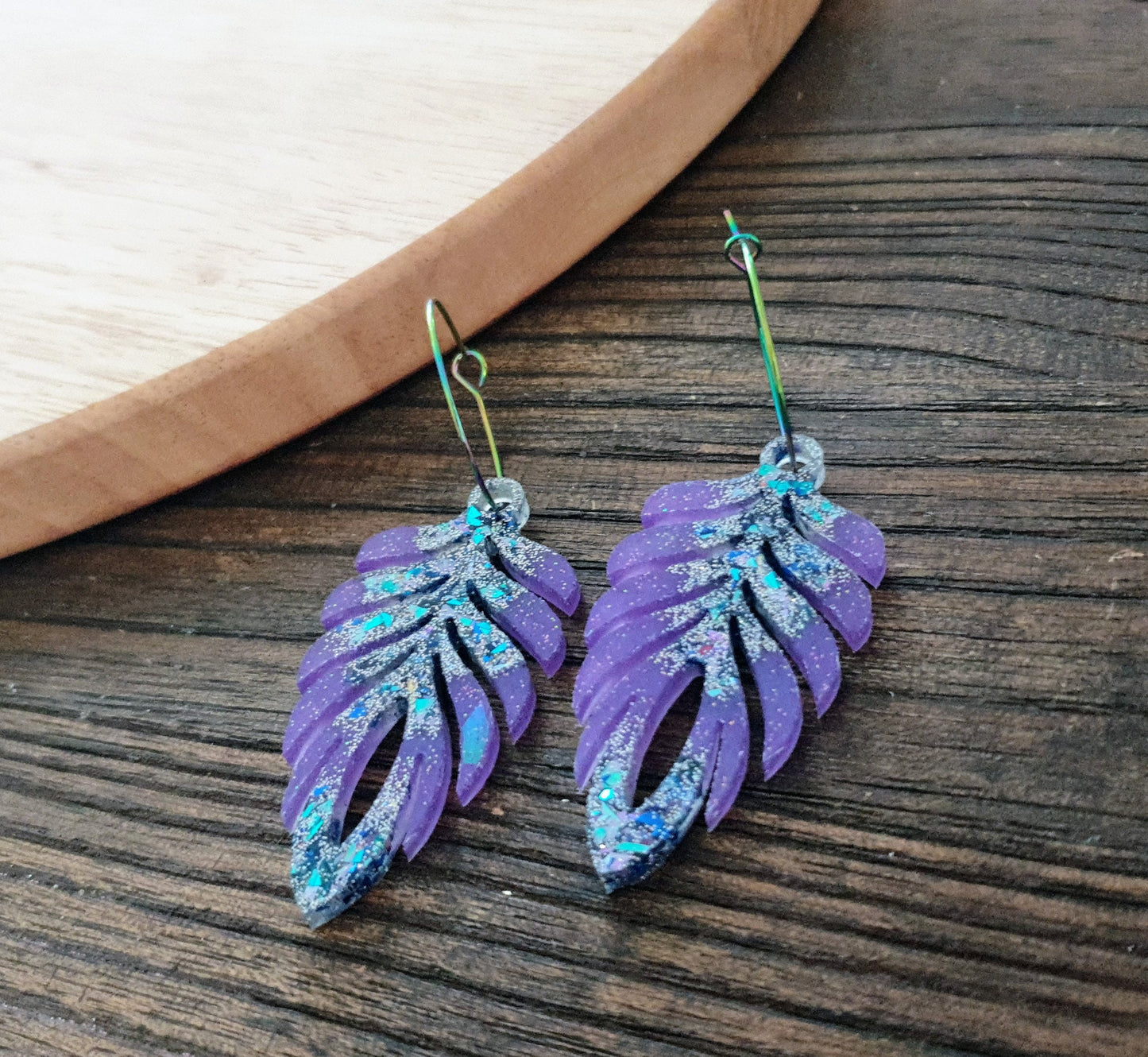 Purple Blue Long Feather Dangle Hoop Earrings, Multicoloured Glitter Resin Dangles, Statement Earrings