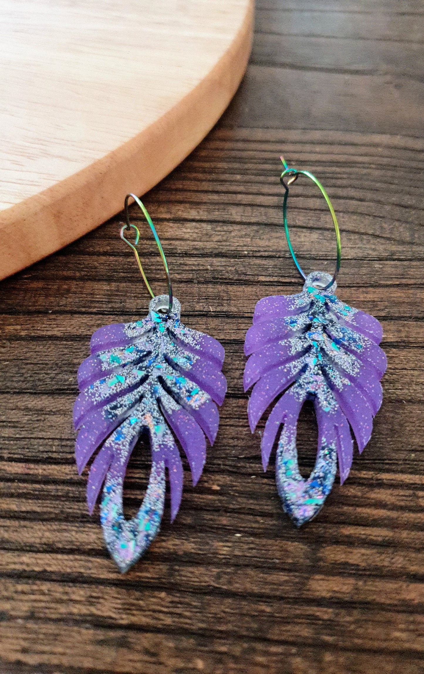 Purple Blue Long Feather Dangle Hoop Earrings, Multicoloured Glitter Resin Dangles, Statement Earrings