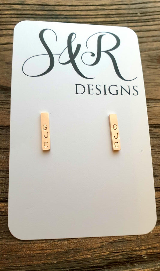 Personalized Gold Bar Stud Earrings, Hand Stamped Personalised Bar Studs, Choose Silver, Gold or Rose Gold Stainless Steel