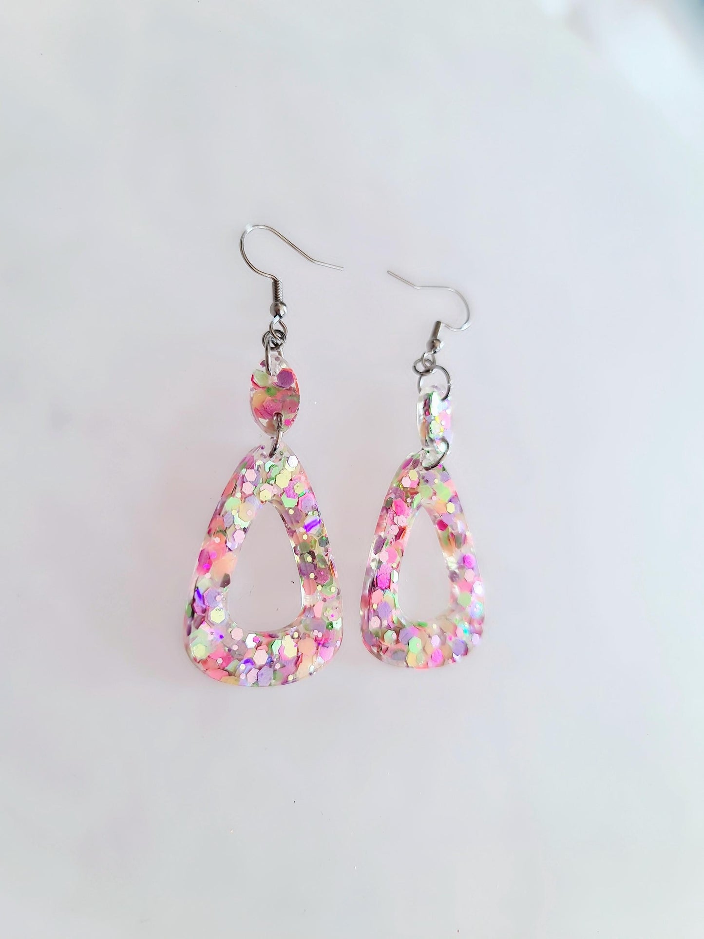 Pastel Triangle Dangle Earrings, Holographic Glitter Earrings, Resin Dangle Earrings, Stainless Steel Earrings, Statement Earrings