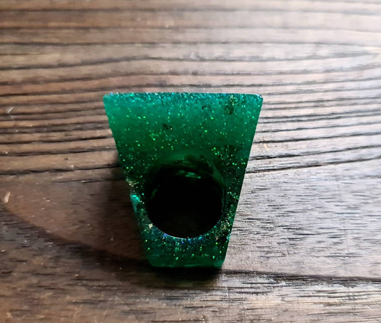 Statement Square Resin Ring, Handmade Size 7 US N AU. Emerald Green Glitter, Rosegold and Silver Leaf Ring