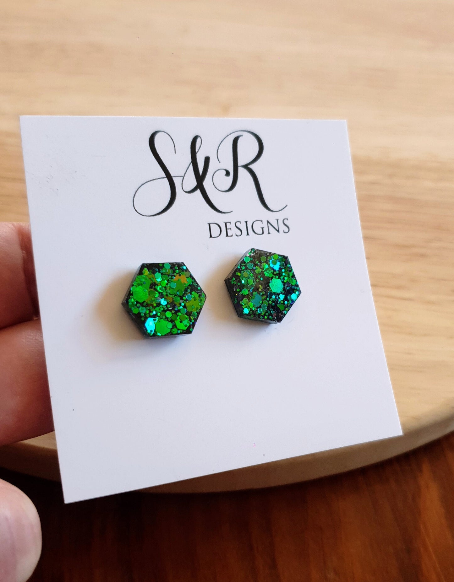 Hexagon Stud Earring, Chameleon Blue Emerald Green Changing Glitter Resin Studs, Ocean Blue Mix Earrings. Stainless Steel. 15mm