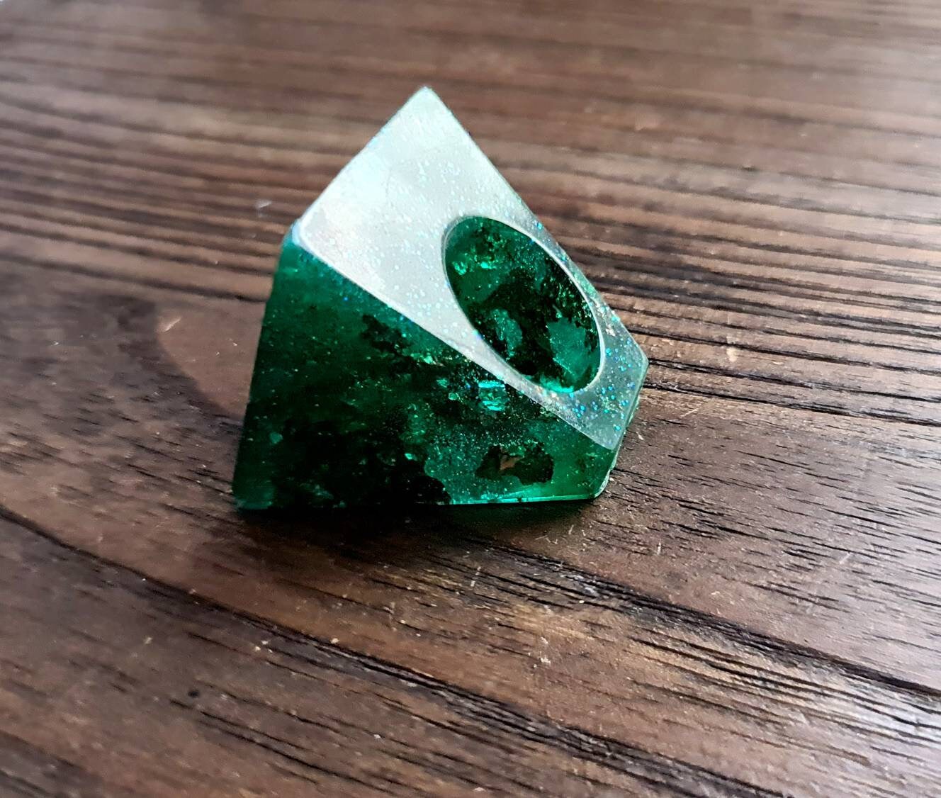 Statement Square Resin Ring, Handmade Size 7 US N AU. Emerald Green Glitter, Rosegold and Silver Leaf Ring