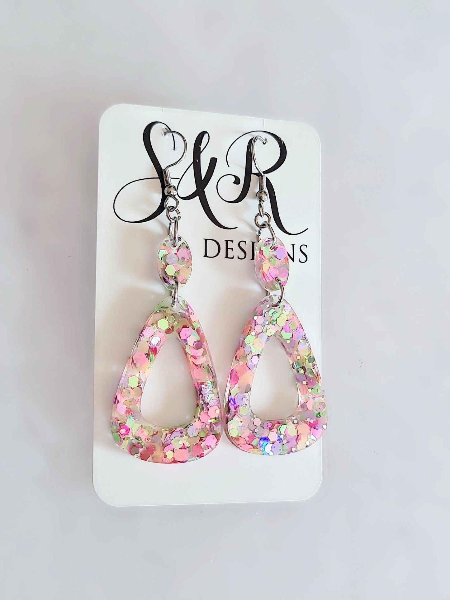 Pastel Triangle Dangle Earrings, Holographic Glitter Earrings, Resin Dangle Earrings, Stainless Steel Earrings, Statement Earrings
