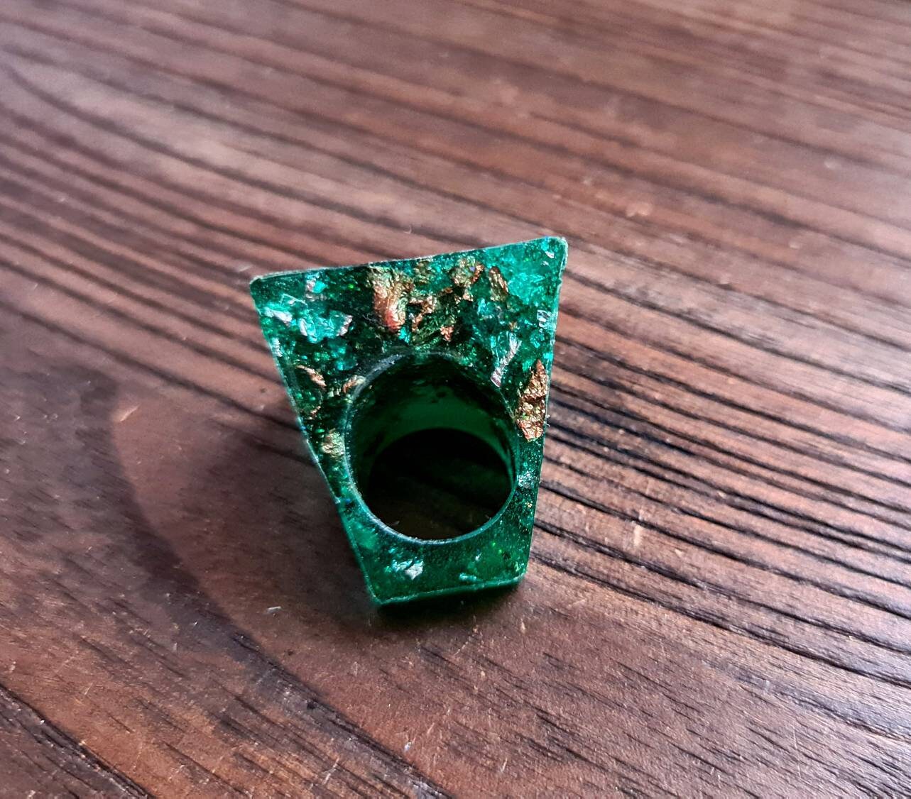 Statement Square Resin Ring, Handmade Size 7 US N AU. Emerald Green Glitter, Rosegold and Silver Leaf Ring