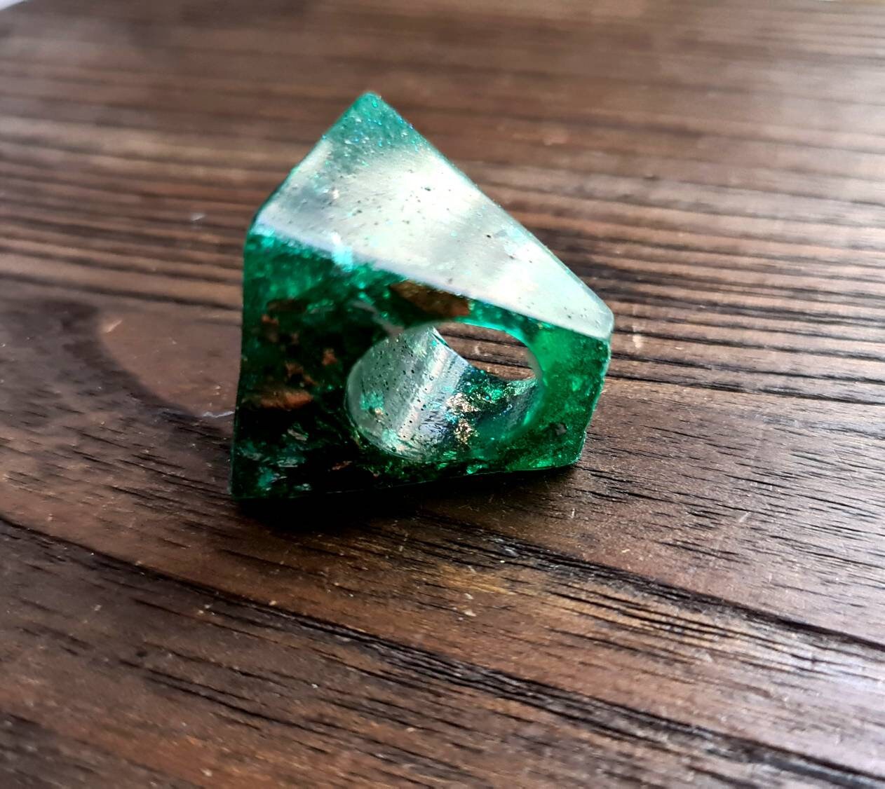 Statement Square Resin Ring, Handmade Size 7 US N AU. Emerald Green Glitter, Rosegold and Silver Leaf Ring