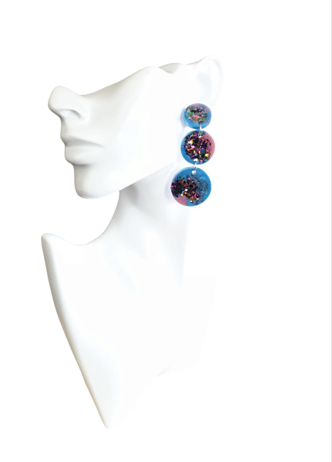 Triple Circle Long Earrings, Blue Pink with a Splash of Metalic Mix Glitter Earrings, Fashionista Earrings, Stainless Steel.