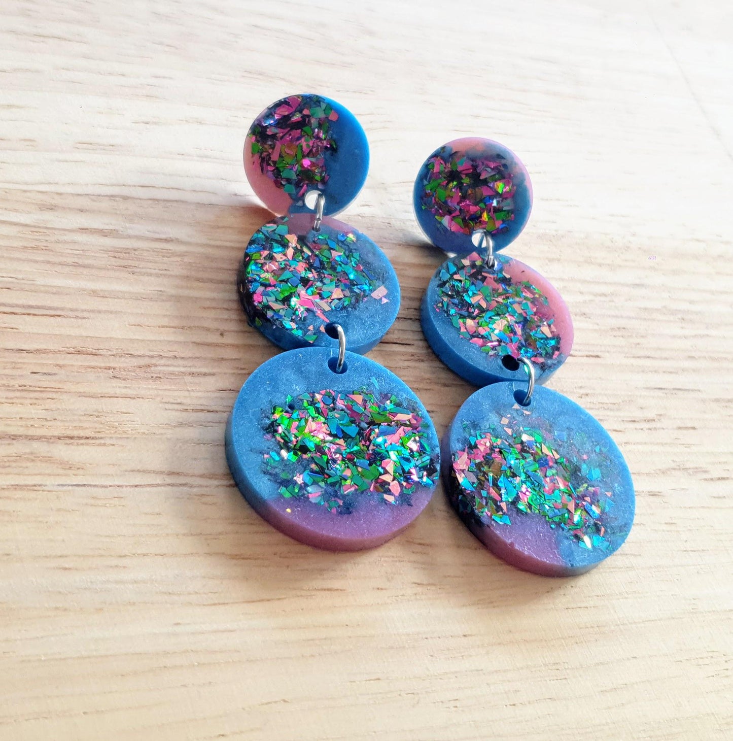 Triple Circle Long Earrings, Blue Pink with a Splash of Metalic Mix Glitter Earrings, Fashionista Earrings, Stainless Steel.