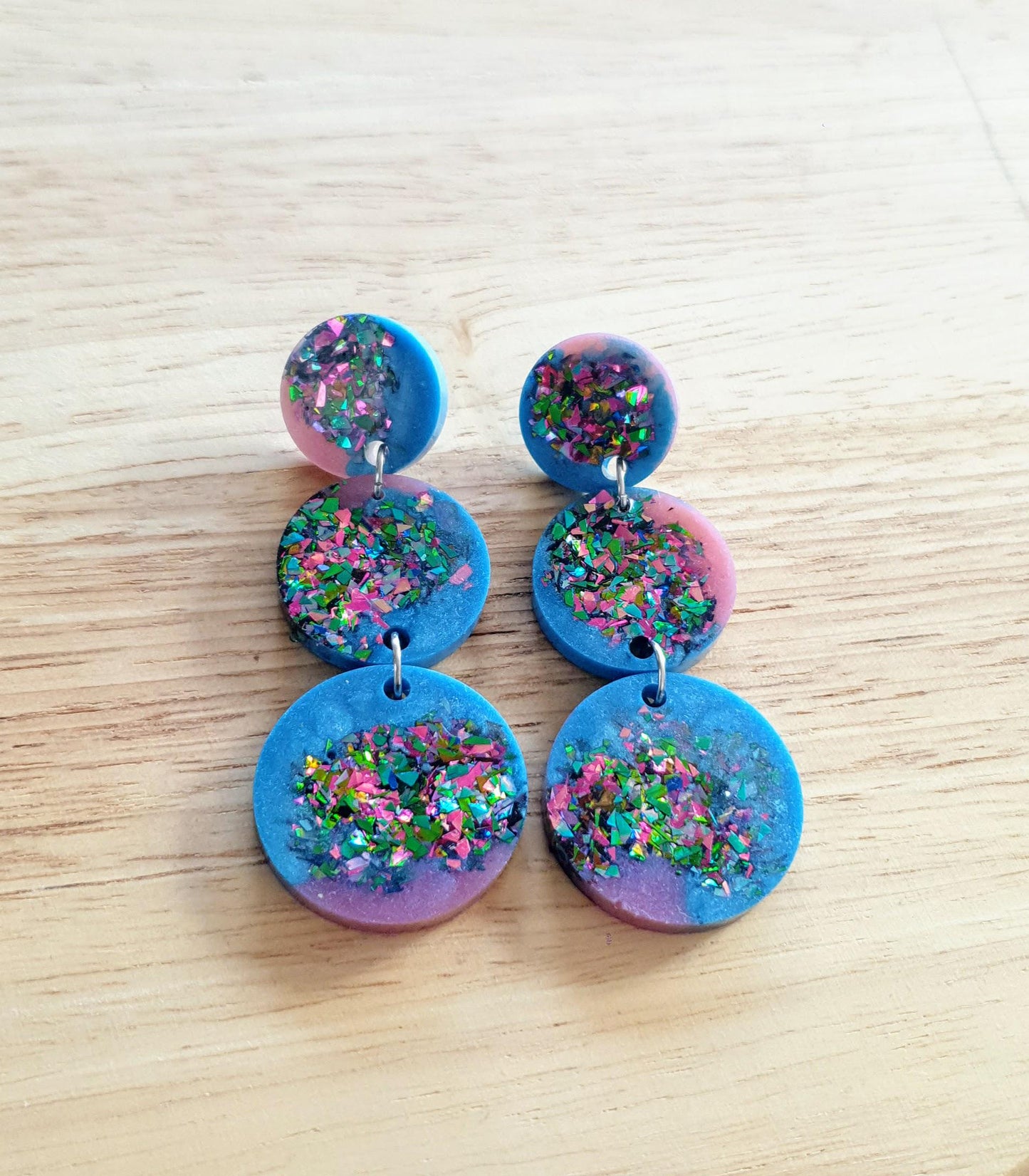 Triple Circle Long Earrings, Blue Pink with a Splash of Metalic Mix Glitter Earrings, Fashionista Earrings, Stainless Steel.