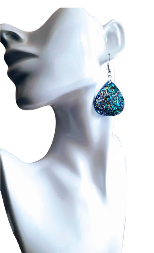 Blue Chameleon Teardrop Earwire Earrings, Glitter Changing from Blues to Pinks, Geometric Dangles, Statement Earrings