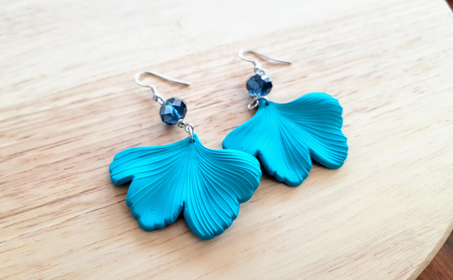 Turquoise Ginkgo Leaves Beaded Dangle Earrings, Blue Sapphire Glass Beaded drop Earrings, Statement Earrings made with Stainless Steel