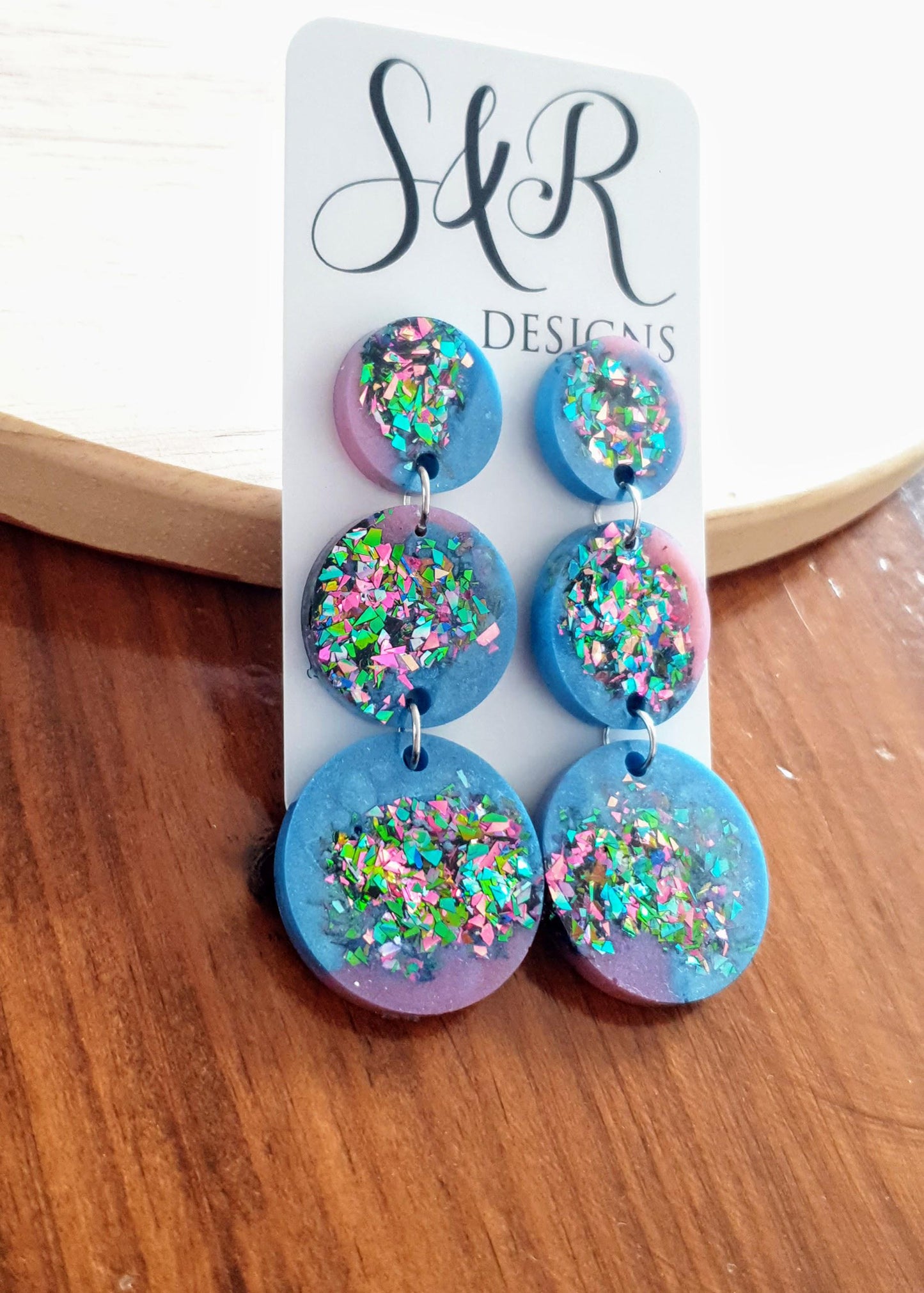 Triple Circle Long Earrings, Blue Pink with a Splash of Metalic Mix Glitter Earrings, Fashionista Earrings, Stainless Steel.