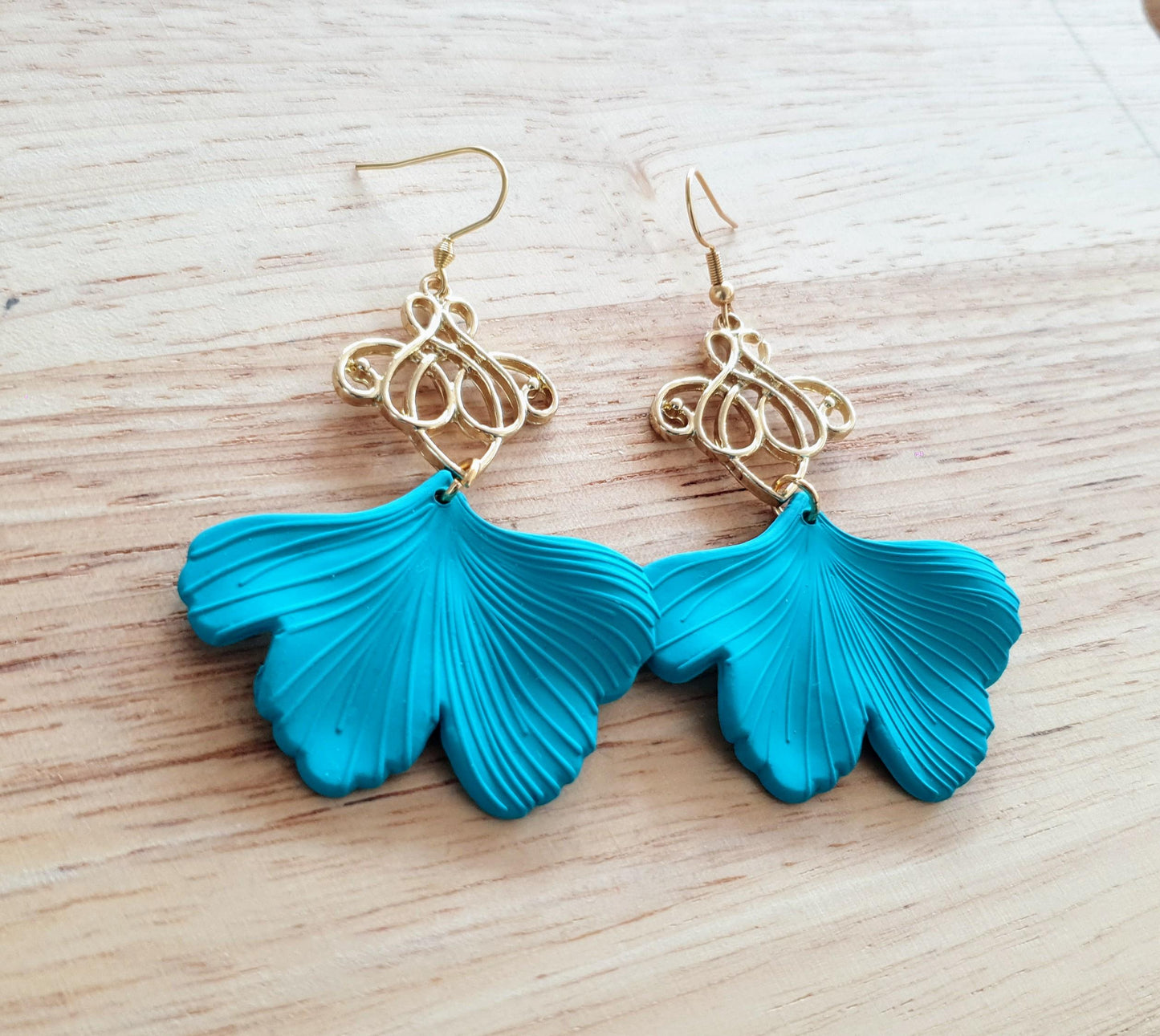 Turquoise Ginkgo Gold Charm Dangle Earrings, Gold drop Earrings, Statement Earrings made with Stainless Steel
