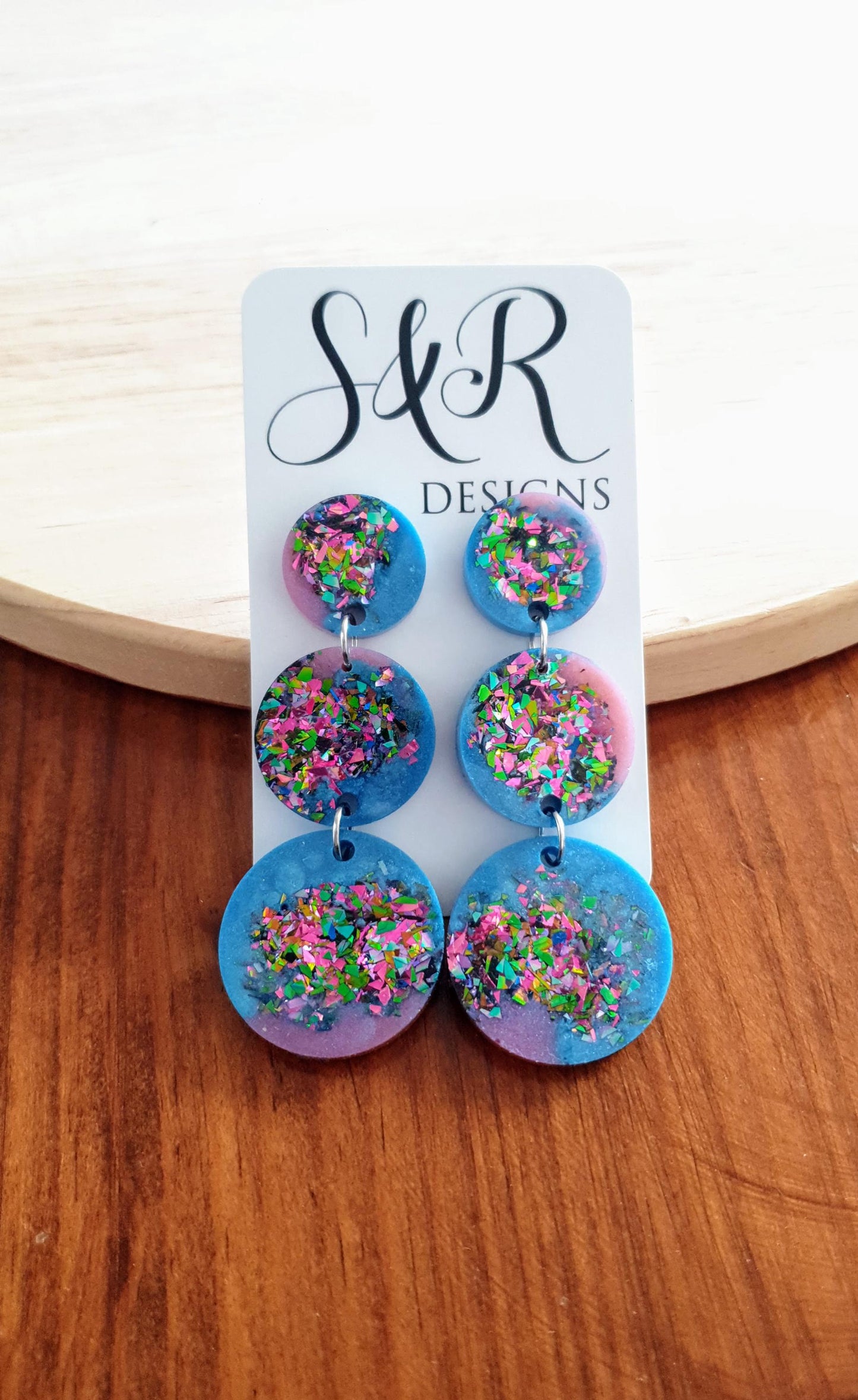 Triple Circle Long Earrings, Blue Pink with a Splash of Metalic Mix Glitter Earrings, Fashionista Earrings, Stainless Steel.