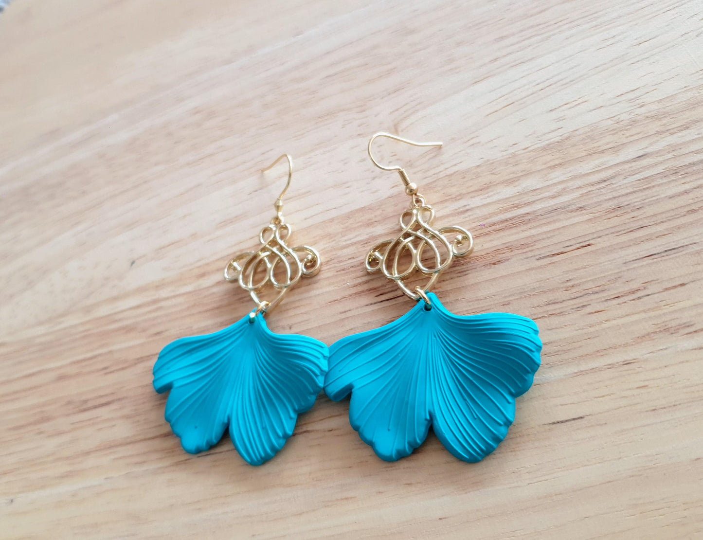 Turquoise Ginkgo Gold Charm Dangle Earrings, Gold drop Earrings, Statement Earrings made with Stainless Steel