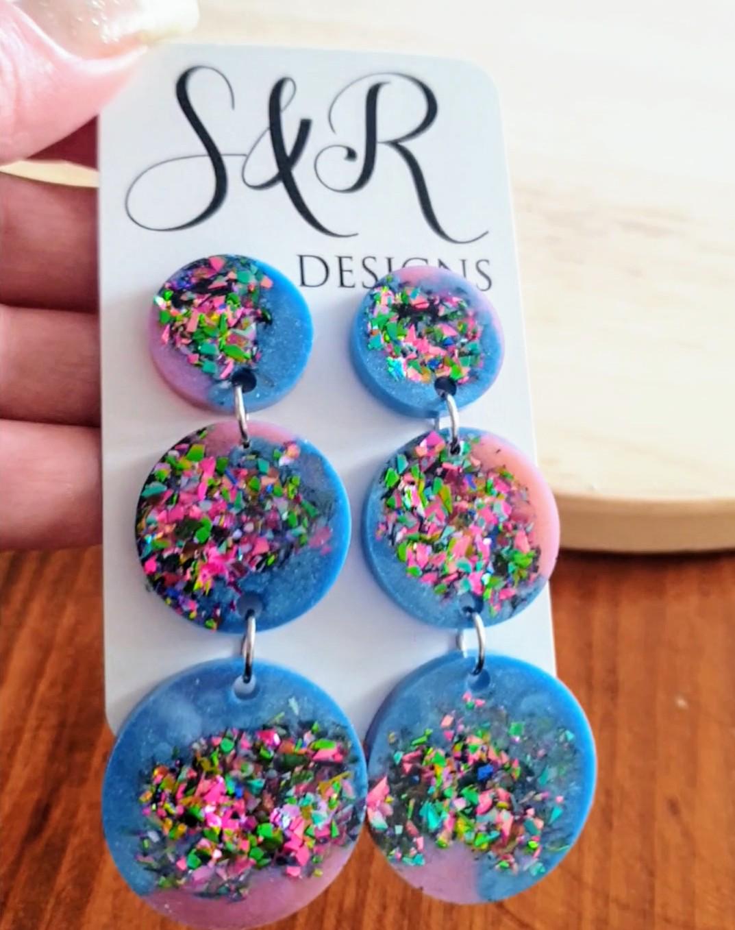 Triple Circle Long Earrings, Blue Pink with a Splash of Metalic Mix Glitter Earrings, Fashionista Earrings, Stainless Steel.
