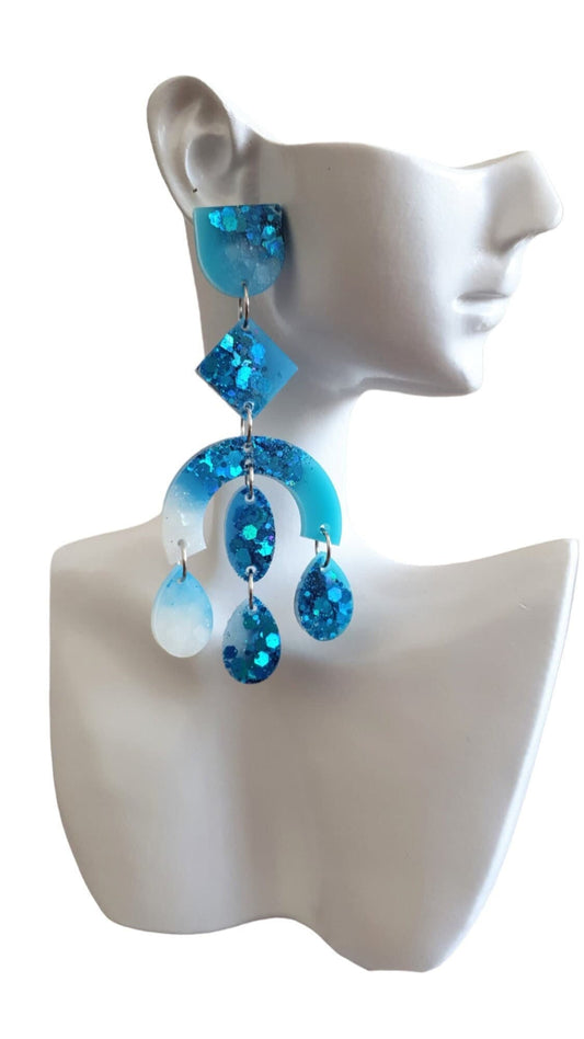 Blue Large Oversized Chandelier Dangle Earrings, Purple, Blue, Green, White and Blue Glitter Dangles, Statement Long Glitter Earrings