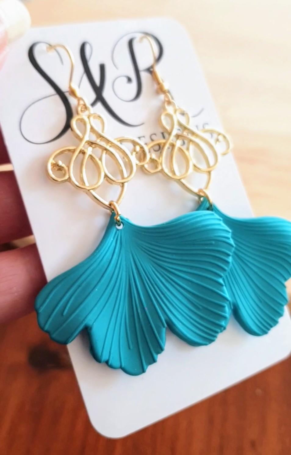 Turquoise Ginkgo Gold Charm Dangle Earrings, Gold drop Earrings, Statement Earrings made with Stainless Steel