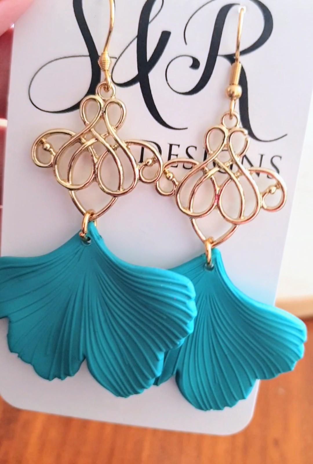 Turquoise Ginkgo Gold Charm Dangle Earrings, Gold drop Earrings, Statement Earrings made with Stainless Steel