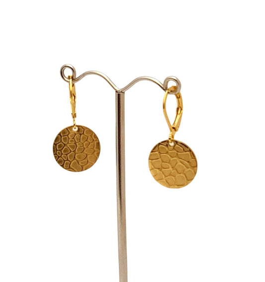Hammered Texture Gold Circle Disc Coin Dangle Earrings, Stainless Steel Leverback or Hook Dangle Earrings 15mm