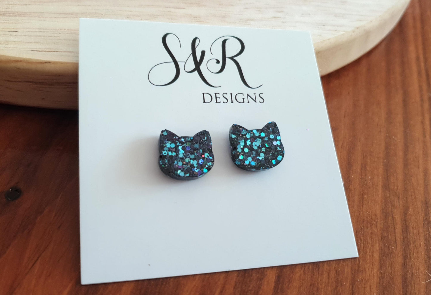Design your own Cat Earrings, Cat Resin Stud Earrings, Cat Glitter Earrings made with Stainless Steel Clip On or Studs. Choose your colour/s