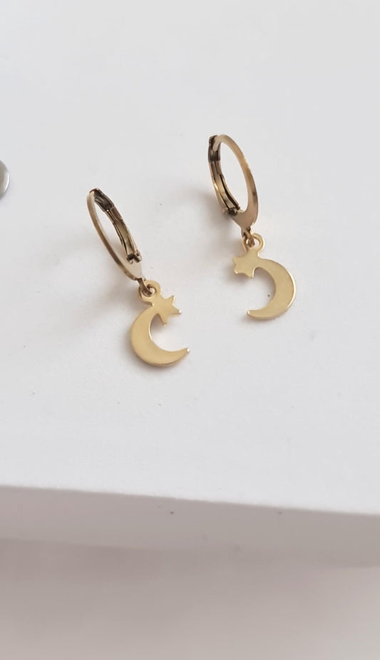 Gold Star Moon Leverback Earrings, Stainless Steel Dangle Leverback, threaders or Hook Earrings. Hypoallergenic Waterproof Jewellery