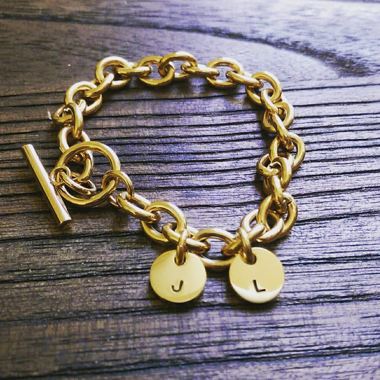 Personalised 18k Gold Hand-Stamped Toggle Bracelet - Custom Name or Date - Silver, Gold, Rose Gold - Add Charms for a Statement Piece