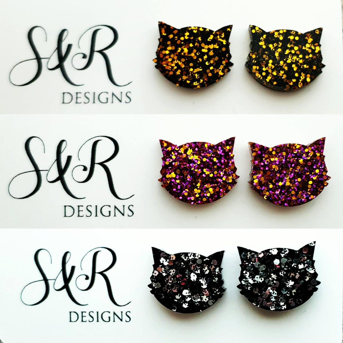 Design your own Cat Earrings, Cat Resin Stud Earrings, Cat Glitter Earrings made with Stainless Steel Clip On or Studs. Choose your colour/s