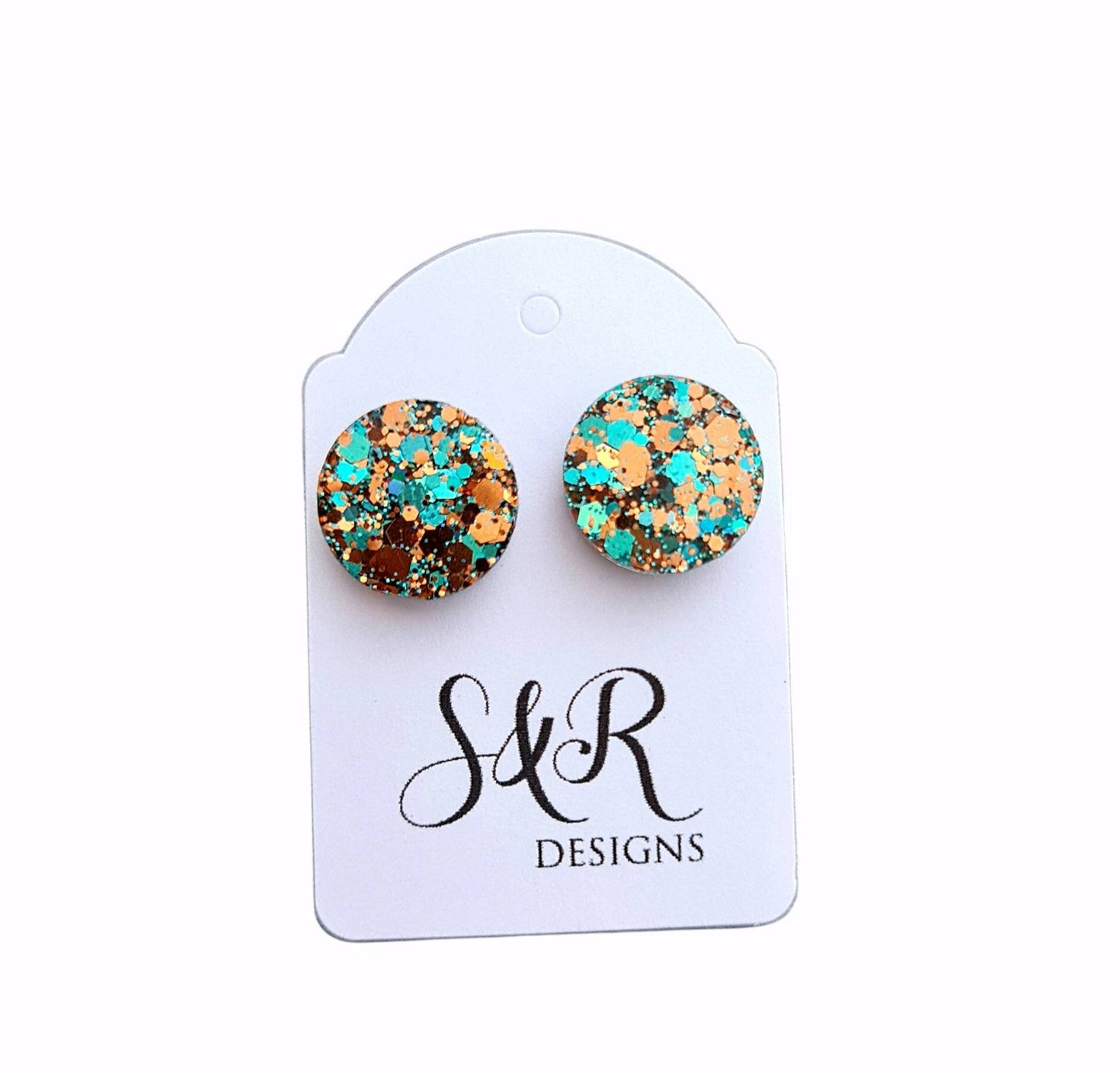 Rosegold Teal Circle Dot Resin Stud Earrings, Jasmine's Treasure Earrings. Stainless Steel Stud Earrings. 8mm, 10mm, 12mm or 15mm