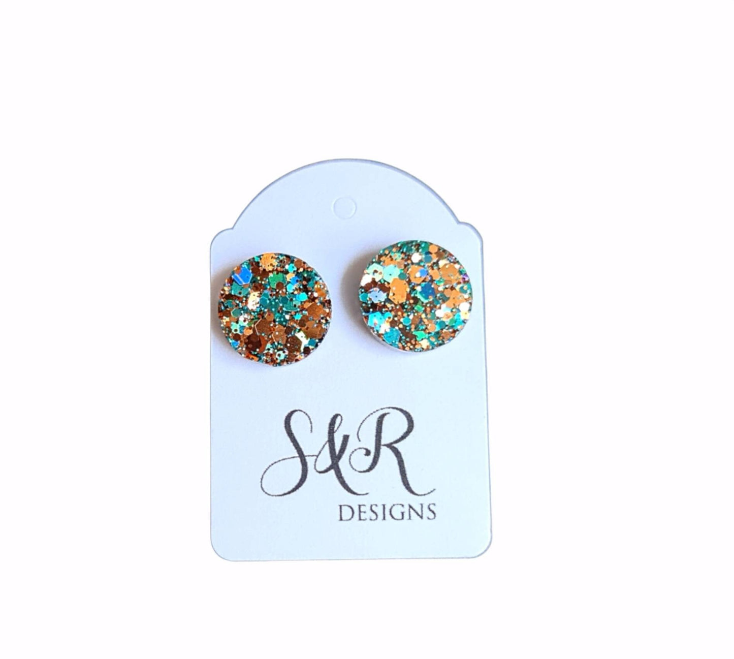 Rosegold Teal Circle Dot Resin Stud Earrings, Jasmine's Treasure Earrings. Stainless Steel Stud Earrings. 8mm, 10mm, 12mm or 15mm