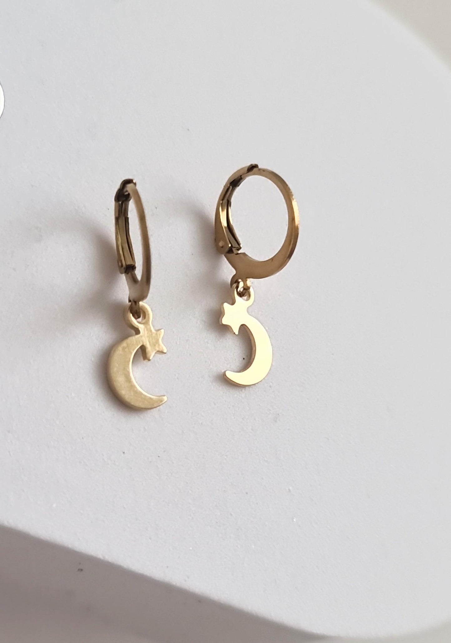 Gold Star Moon Leverback Earrings, Stainless Steel Dangle Leverback, threaders or Hook Earrings. Hypoallergenic Waterproof Jewellery
