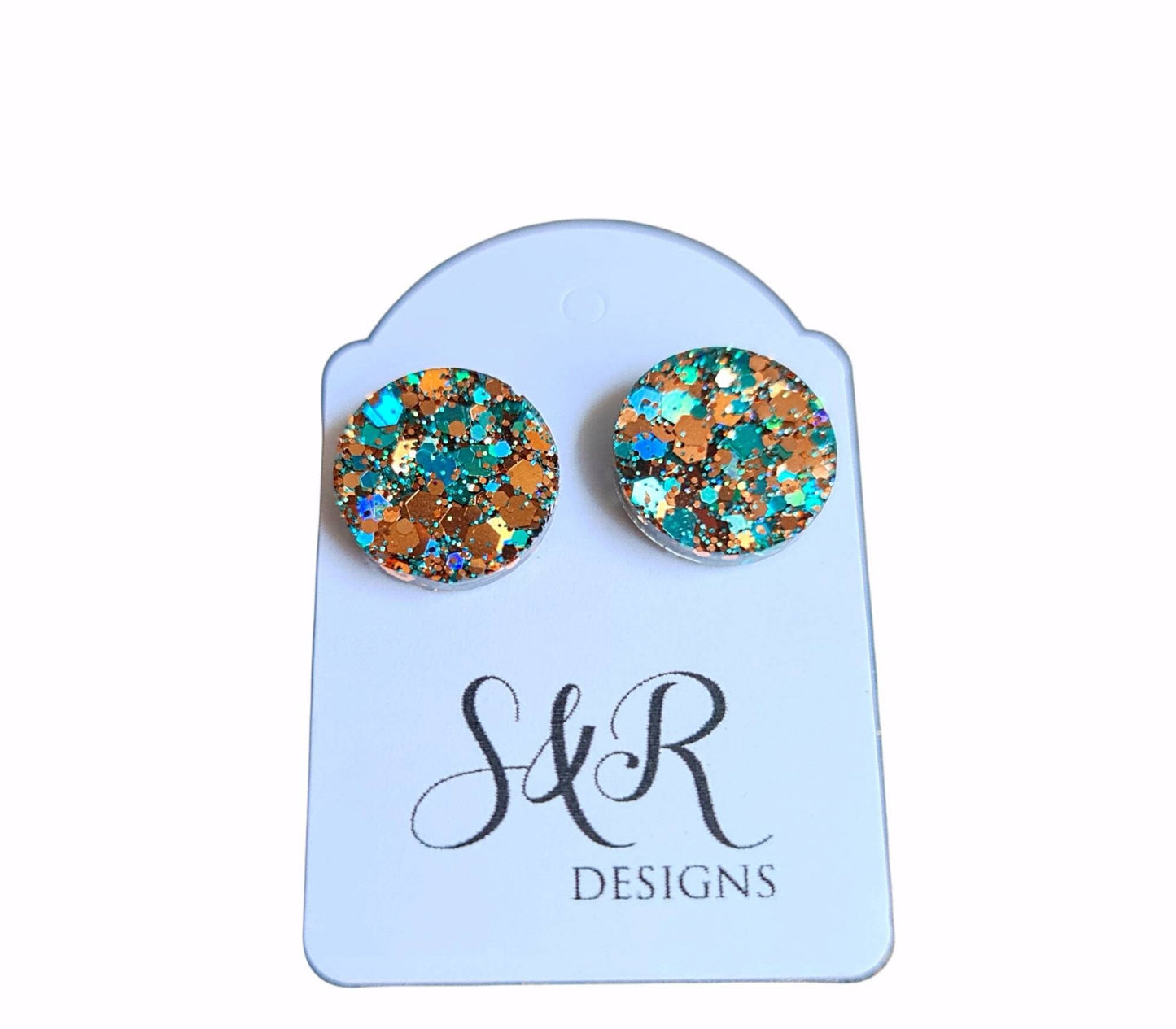 Rosegold Teal Circle Dot Resin Stud Earrings, Jasmine's Treasure Earrings. Stainless Steel Stud Earrings. 8mm, 10mm, 12mm or 15mm