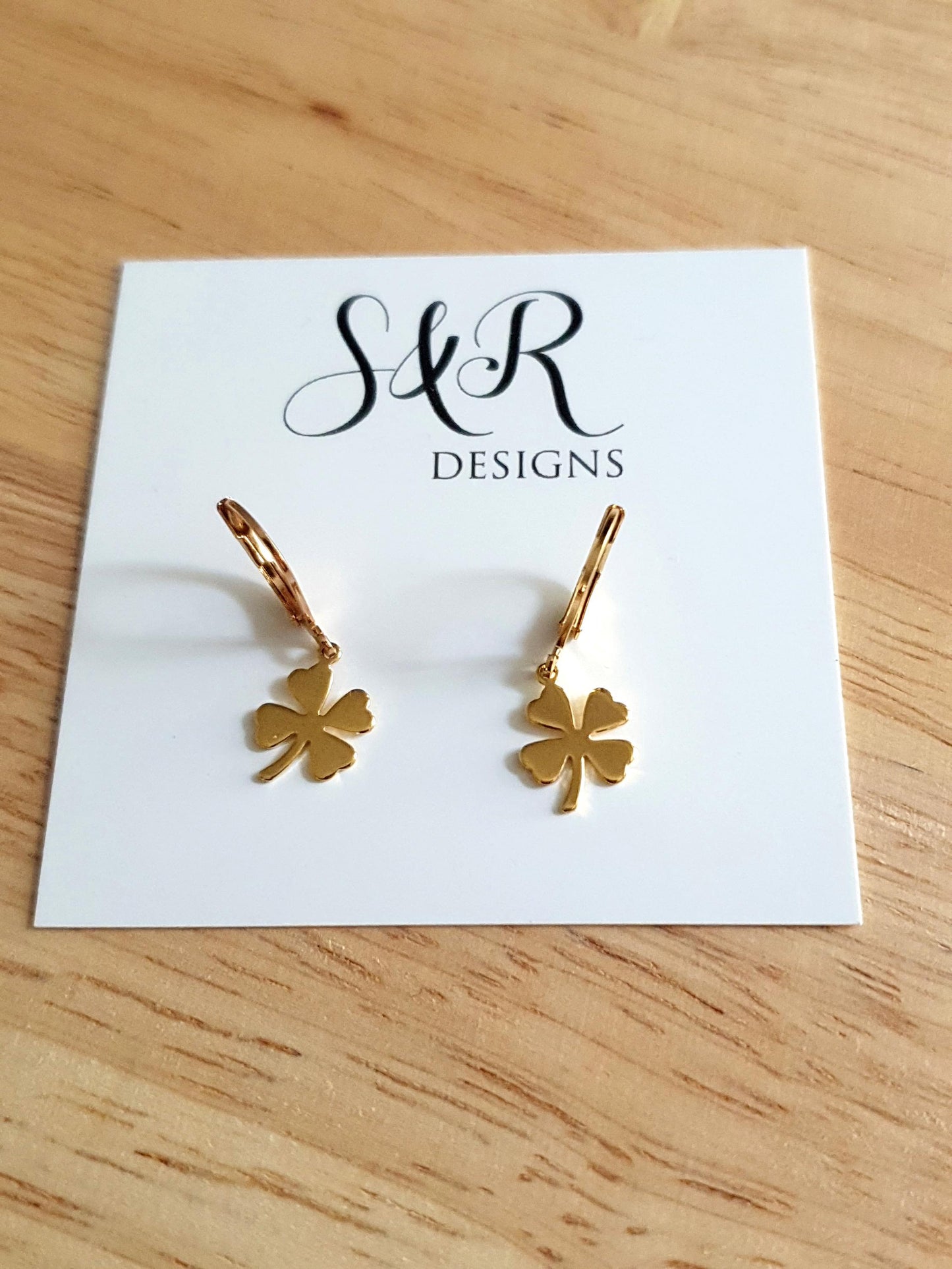 Four Leaf Clover Earrings, Gold or Silver Stainless Steel Dangle Drops, Choose Leverback, Hoops or Hook Earwire Earrings.