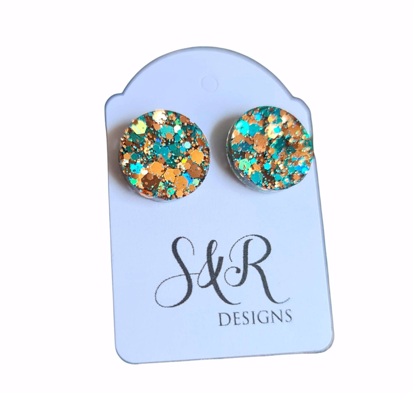 Rosegold Teal Circle Dot Resin Stud Earrings, Jasmine's Treasure Earrings. Stainless Steel Stud Earrings. 8mm, 10mm, 12mm or 15mm