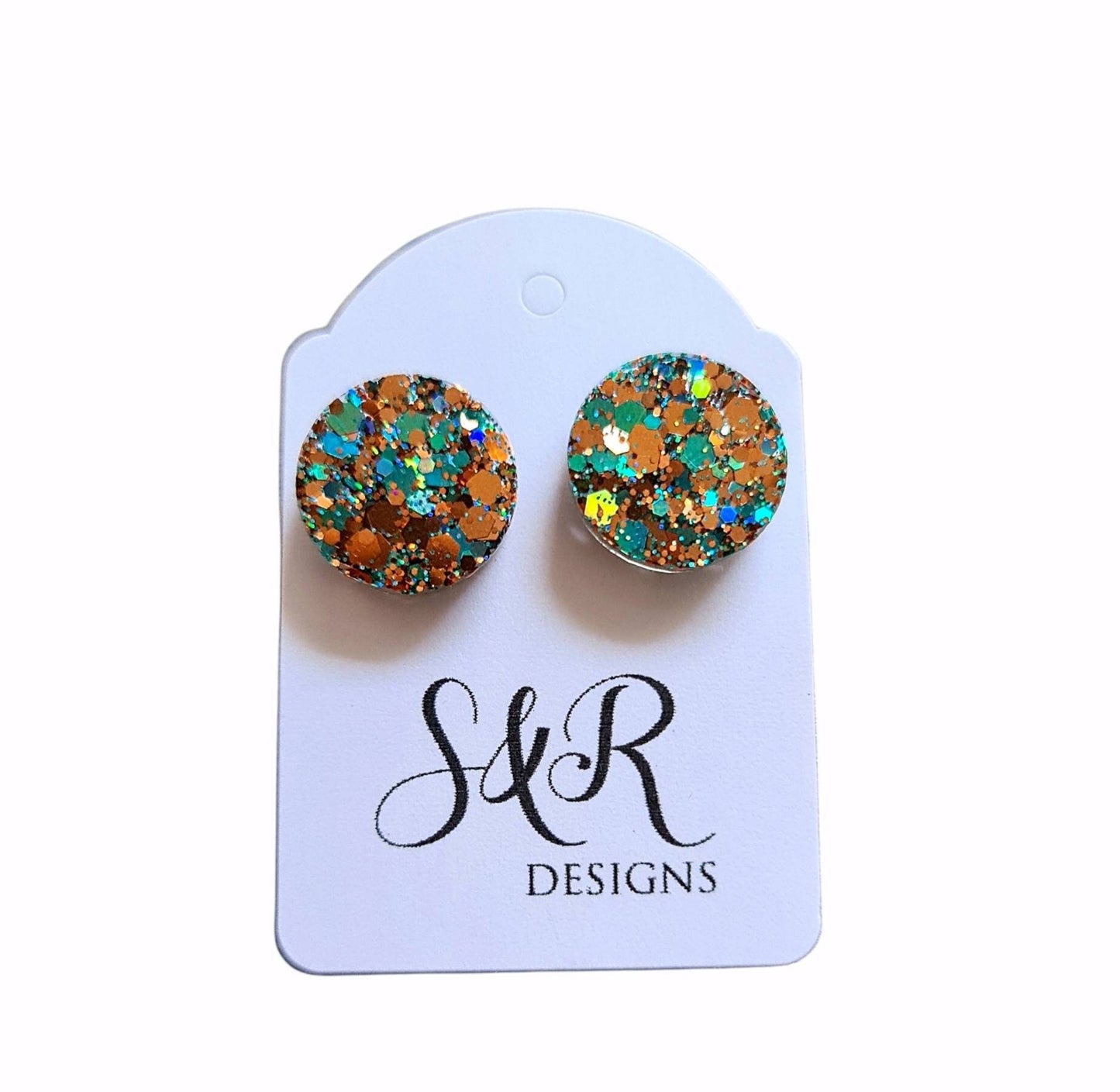 Rosegold Teal Circle Dot Resin Stud Earrings, Jasmine's Treasure Earrings. Stainless Steel Stud Earrings. 8mm, 10mm, 12mm or 15mm