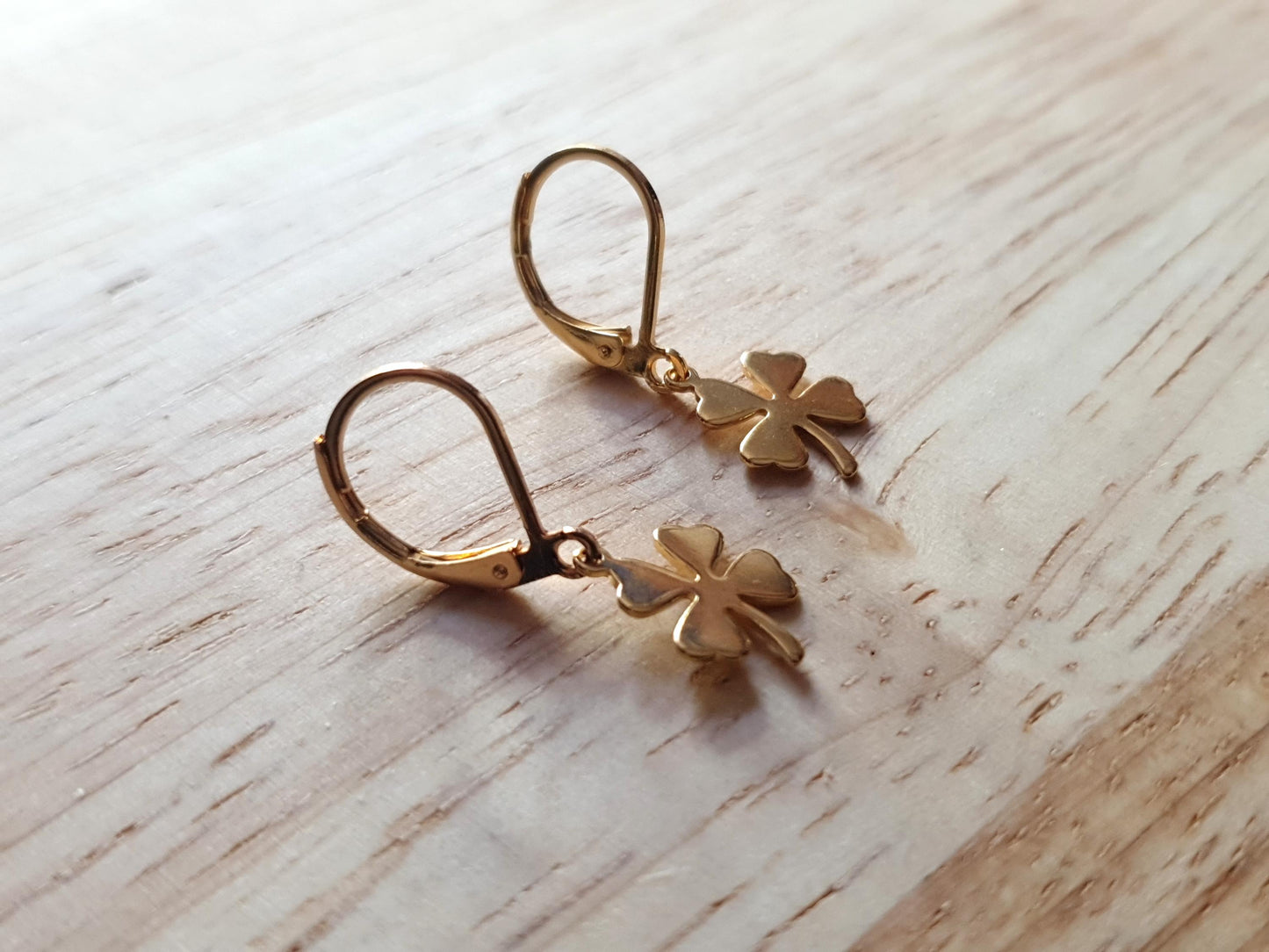 Four Leaf Clover Earrings, Gold or Silver Stainless Steel Dangle Drops, Choose Leverback, Hoops or Hook Earwire Earrings.